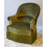 BERGERE, Napoleon III style beechwood in tassled green velour, 75cm H x 70cm W.