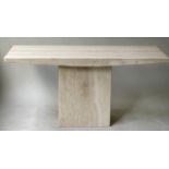 TRAVERTINE CONSOLE TABLE, 1970's travertine rectangular with architectural front and sides on plinth