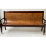 WAITING ROOM BENCH, Victorian mahogany with Gothic pierced fruitwood bent plywood, 197cm W.