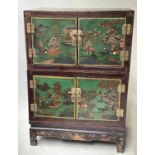 CHINESE CABINET, early 20th century green lacquered and gilt decorated with four river scene