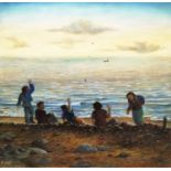 PETER RUDOLFO (b.1958), 'On the beach', oil on canvas, 81cm x 81cm, signed, framed.