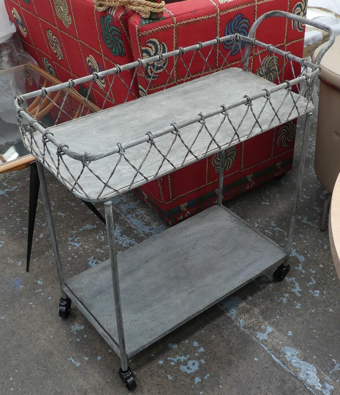 DRINKS TROLLEY, 1950's French style, aged grey painted finish, 90cm x 40cm x 87cm.