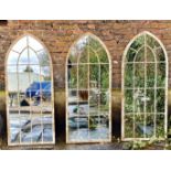 ARCHITECTURAL GARDEN WALL MIRRORS, a set of three, Gothic style arch toped design, 158cm x 66cm. (3)