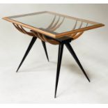 BRAZILAIN LOW TABLE, 1960's rectangular fruitwood with glazed top undertier and ebonised slender