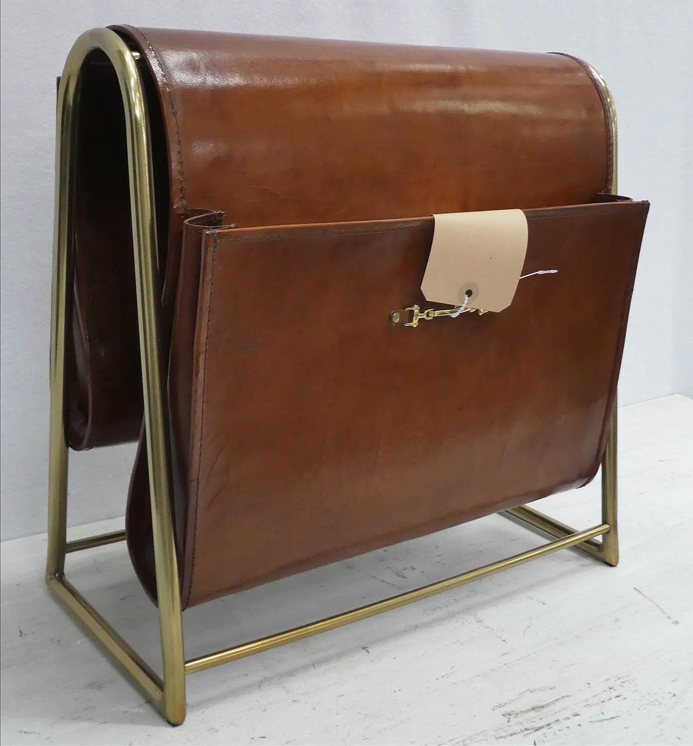 MAGAZINE RACK, 1950's French style, gilt metal and leather, 20cm x 38cm x 38cm. - Image 2 of 3