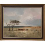 WILLEM HENDRIKS (20th century South Africa), 'Cattle herders, Africa', oil on board, 39cm x 50cm,