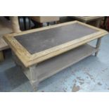 LOW TABLE, French Farmhouse style, with a marble insert and two pull out slides on a distressed grey