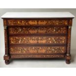 DUTCH COMMODE, early 19th century mahogany and allover satinwood foliate marquetry with marble top