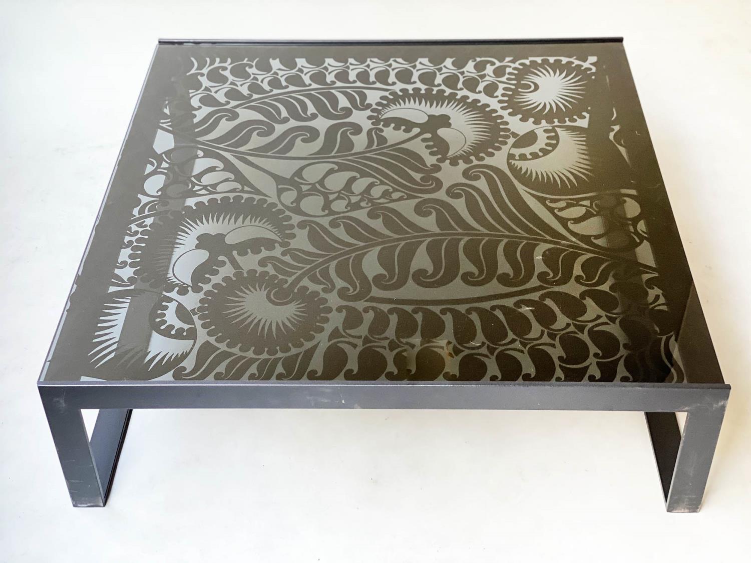 LOW TABLE, Rectangular, Italian, black floral decorated glass, with black metal supports, 102cm x