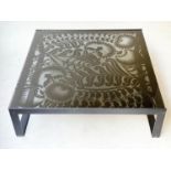 LOW TABLE, Rectangular, Italian, black floral decorated glass, with black metal supports, 102cm x