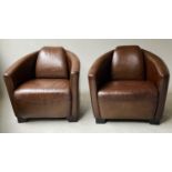 ARMCHAIRS, a pair, Timothy Oulton aviator style tan brown stitched leather, 78cm W. (2)