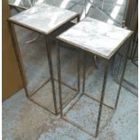 SIDE TABLES, a pair, 1960's French style, gilt metal with marble inserts, 71cm x 31cm x 31cm. (2)