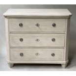 COMMODE, 19th century Gustavian style grey painted with three long drawers, 99cm x 51cm x 85cm H.