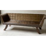 INDIAN BENCH, vintage North Indian teak brass and iron strapwork with lattice back and swept