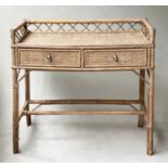 SIDE TABLE, rattan bamboo and cane bound with wicker woven panels, gallery and two frieze drawers,