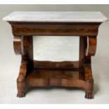 CONSOLE TABLE, 19th century French Louis Philippe burr walnut with marble top, frieze drawer,