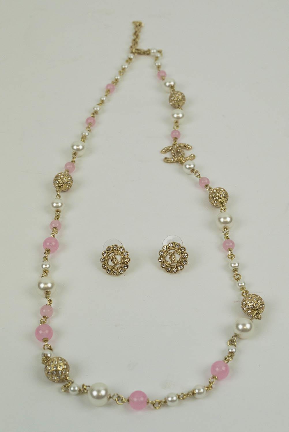 CHANEL NECKLACE, faux pearl with pink beads and crystal inset beads with a pair of CC earrings. (3)