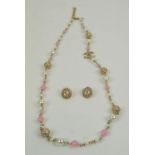 CHANEL NECKLACE, faux pearl with pink beads and crystal inset beads with a pair of CC earrings. (3)