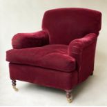 GEORGE SMITH ARMCHAIR, deep burgundy velvet plush, stamped, 82cm W.