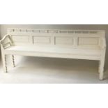 SCANDINAVIAN BENCH, late 19th/early 20th century distressed white painted with gallery, panelled