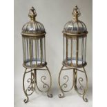 GARDEN LANTERNS, a pair, continental style glazed on stands, 107cm H. (2)