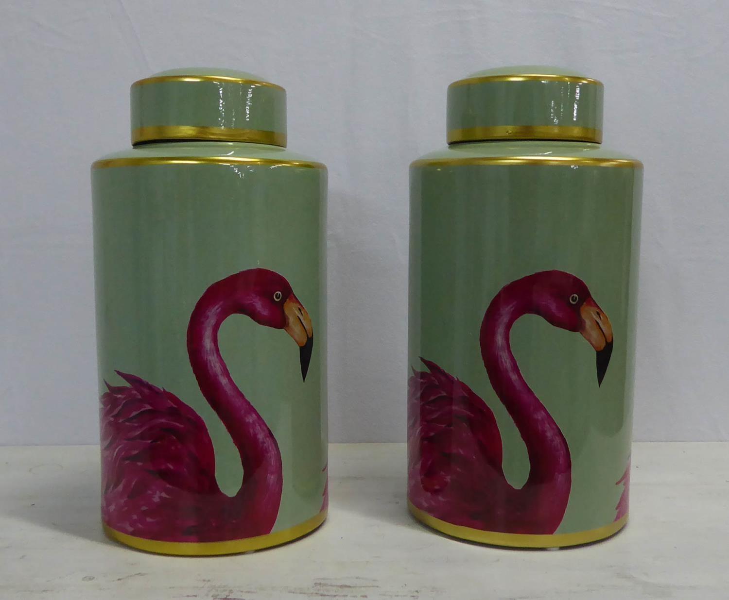 GINGER JARS, a pair, 1970's Italian style glazed ceramic with flamingo print, 40cm H. (2)