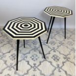 LAMP TABLES, a pair, 1970's Italian design, octagonal inlaid tops on tripod metal legs, 53cm H x