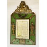 WALL MIRROR, 19th century Spanish green painted and applied repoussé brass with pierced mirror