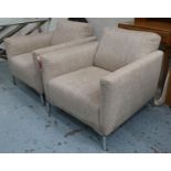 NATUZZI ARMCHAIRS, a pair, in a woven neutral fabric, 80cm W. (2) (with faults)