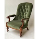 ARMCHAIR, early Victorian mahogany with royal green deep button velvet upholstery and carved front