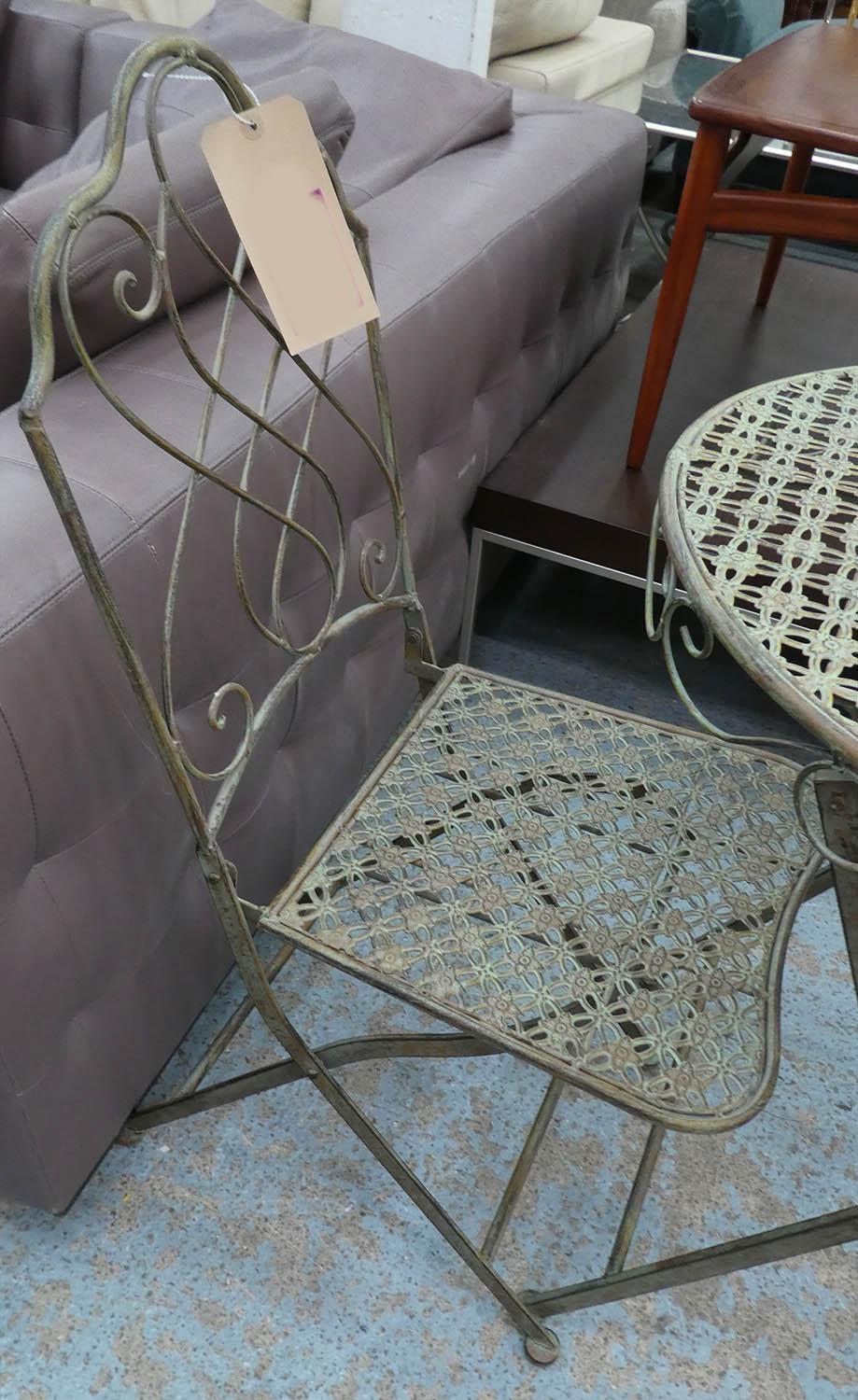 GARDEN DINING SET, including table 74cm x 60cm diam and two chairs 91cm H, 1950's French style. (3) - Image 3 of 3