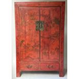 MARRIAGE CABINET, 19th century Chinese scarlet lacquered and gilt Chinoiserie painted with two doors
