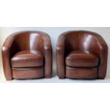 TUB ARMCHAIRS, a pair, club form stitched hand dyed tobacco leaf brown leather with rounded backs,