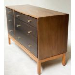 STAG CHEST, 1970's Afromosia and ebonised with six drawers, 112cm x 43cm x 70cm H.