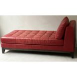 DAYBED, 1960's Conran style scarlet leather hide with buttoned seat and raised cushion end, 185cm