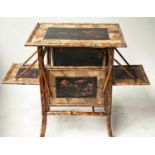 SURPRISE TABLE, 19th century Japanese bamboo specimen parquetry black lacquered with four foldown