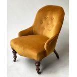 SLIPPER CHAIR, Victorian mahogany with old gold buttoned velvet upholstery on turned front supports,