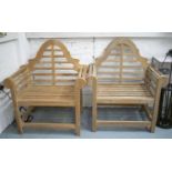 LUTYENS STYLE GARDEN ARMCHAIRS, a pair, hardwood (marks), 89cm W. (2)