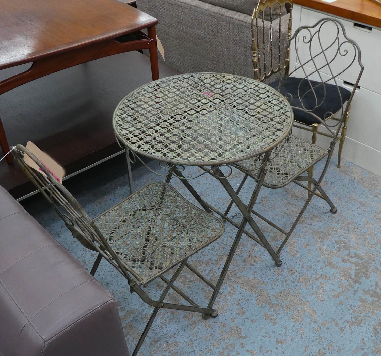 GARDEN DINING SET, including table 74cm x 60cm diam and two chairs 91cm H, 1950's French style. (3)