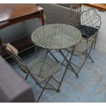 GARDEN DINING SET, including table 74cm x 60cm diam and two chairs 91cm H, 1950's French style. (3)