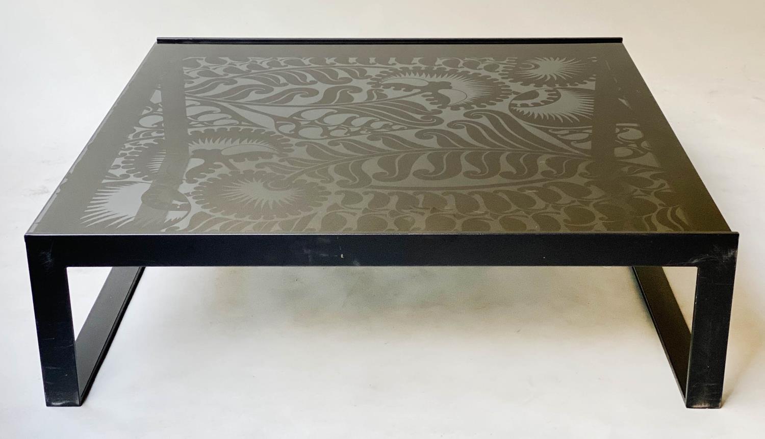 LOW TABLE, Rectangular, Italian, black floral decorated glass, with black metal supports, 102cm x - Image 2 of 6