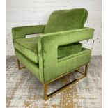 ARMCHAIR, 1970's Italian design, green velvet with brass frame, 86cm H x 83cm W x 74cm D.