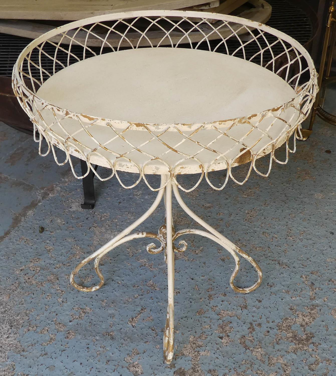 GARDEN SIDE TABLE, 1950's French style, aged white painted finish, 77cm H x 69cm Diam approx.