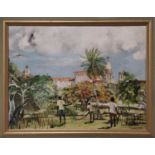 FRANK GILBERT MORRIS (20th century) 'Caribbean scene with cathedral', oil on board, signed and dated