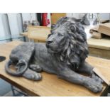 RECUMBANT LION, contemporary school sculptural study, faux bronze, 80cm L.