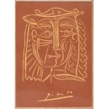 AFTER PABLO PICASSO 'Woman in Hat', design for a linocut, signed in the plate, textile, 152cm x