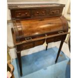 CYLINDER BUREAU, late 19th century French mahogany and brass mounted with a marble top, fitted