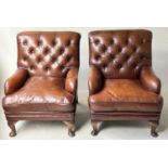 CLUB ARMCHAIRS, a pair, hand dyed leather with button backs, 95cm W. (2)