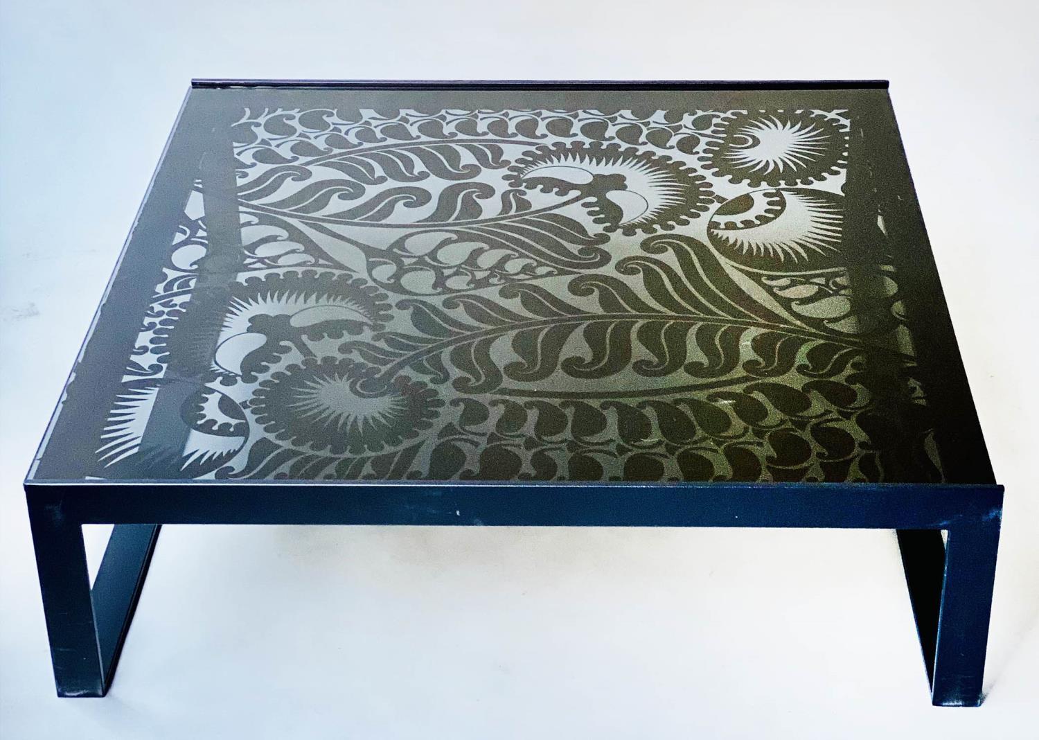 LOW TABLE, Rectangular, Italian, black floral decorated glass, with black metal supports, 102cm x - Image 6 of 6