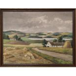 SIGVARD SCHOU (b. 1896) 'Landscape with Cottages and Corn Fields', oil on canvas, 95cm x 71cm,